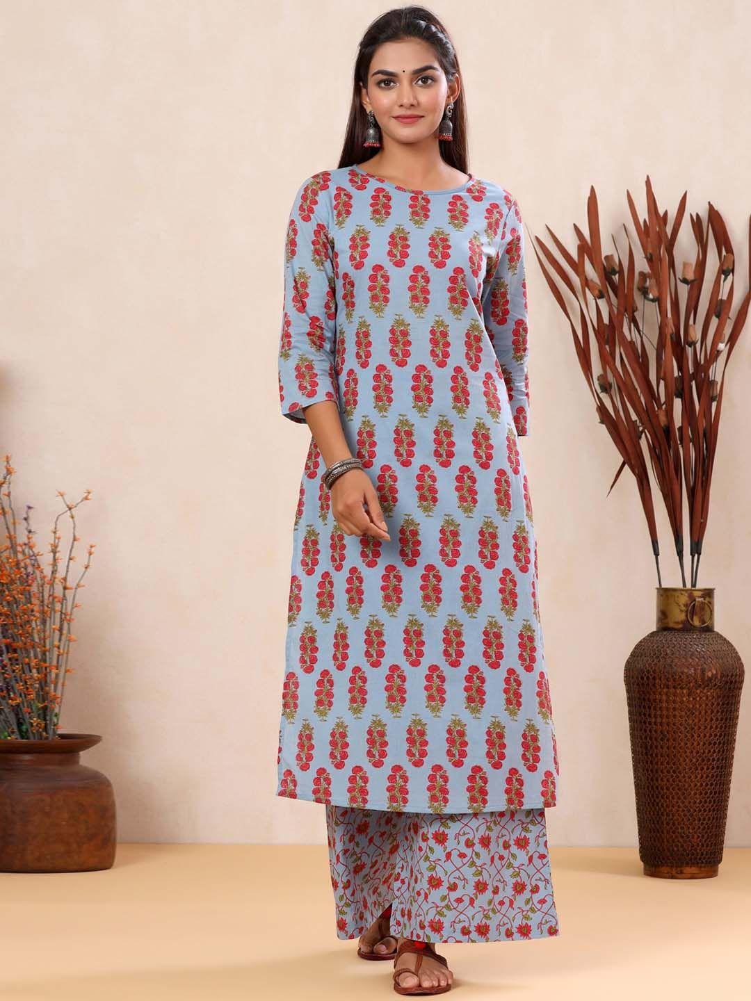 mirari women grey floral printed regular pure cotton kurta with palazzos