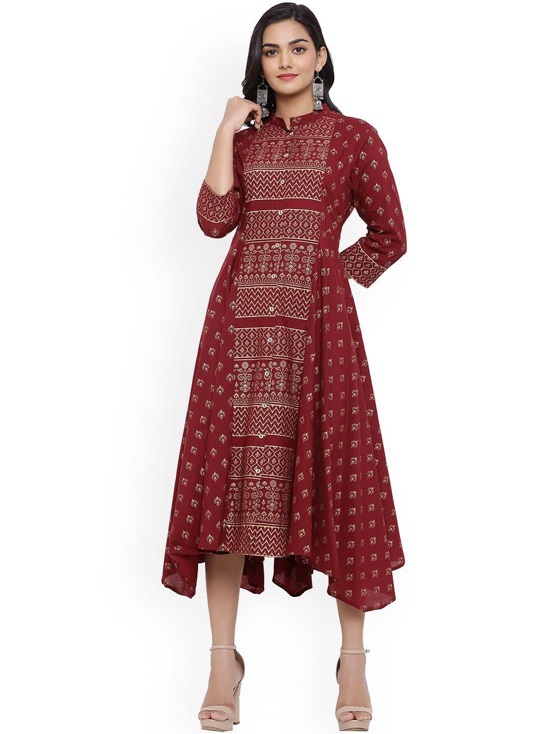 mirari women maroon & gold-toned ethnic motifs printed kurta