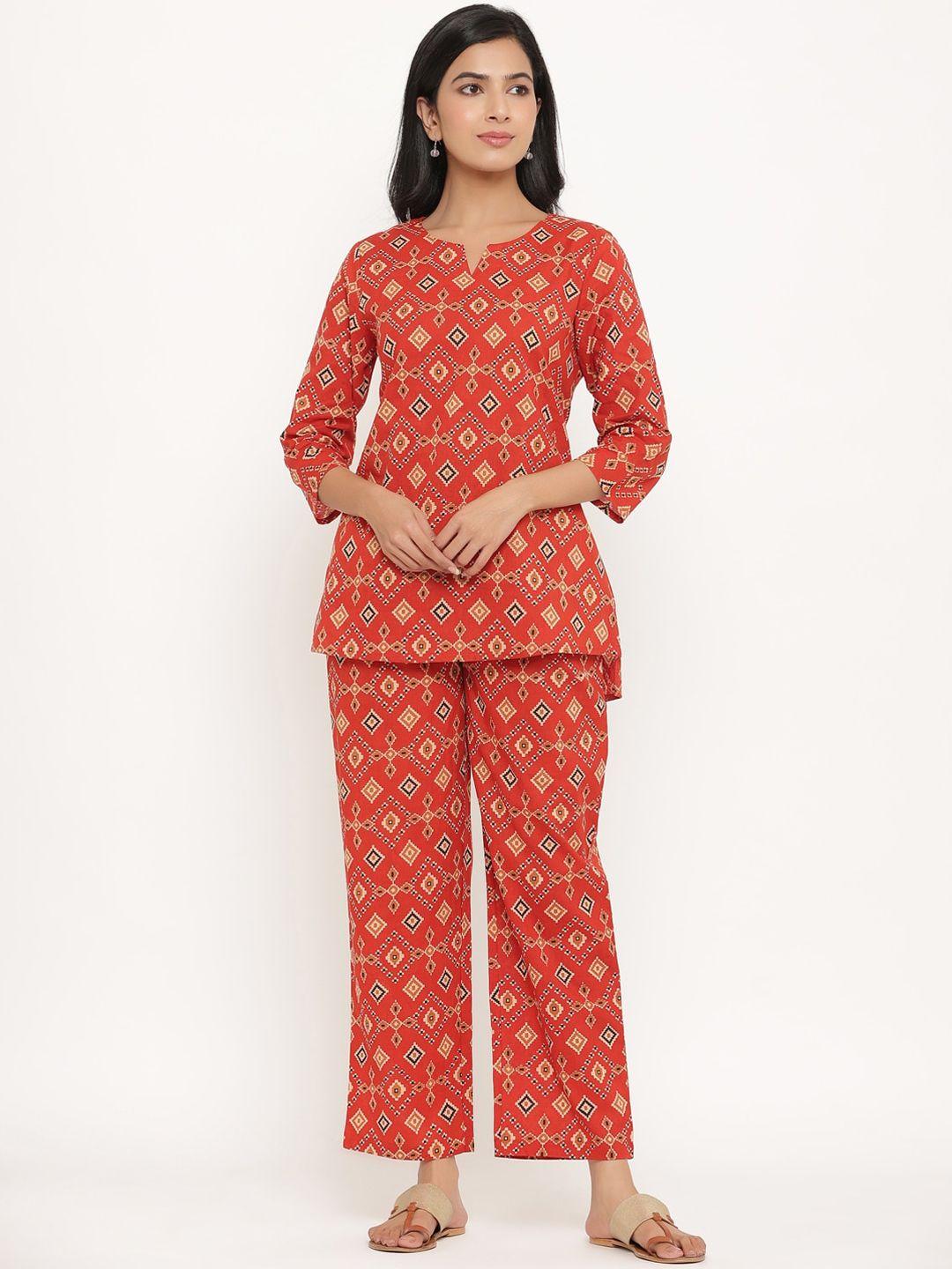 mirari women orange & white printed pure cotton night suit