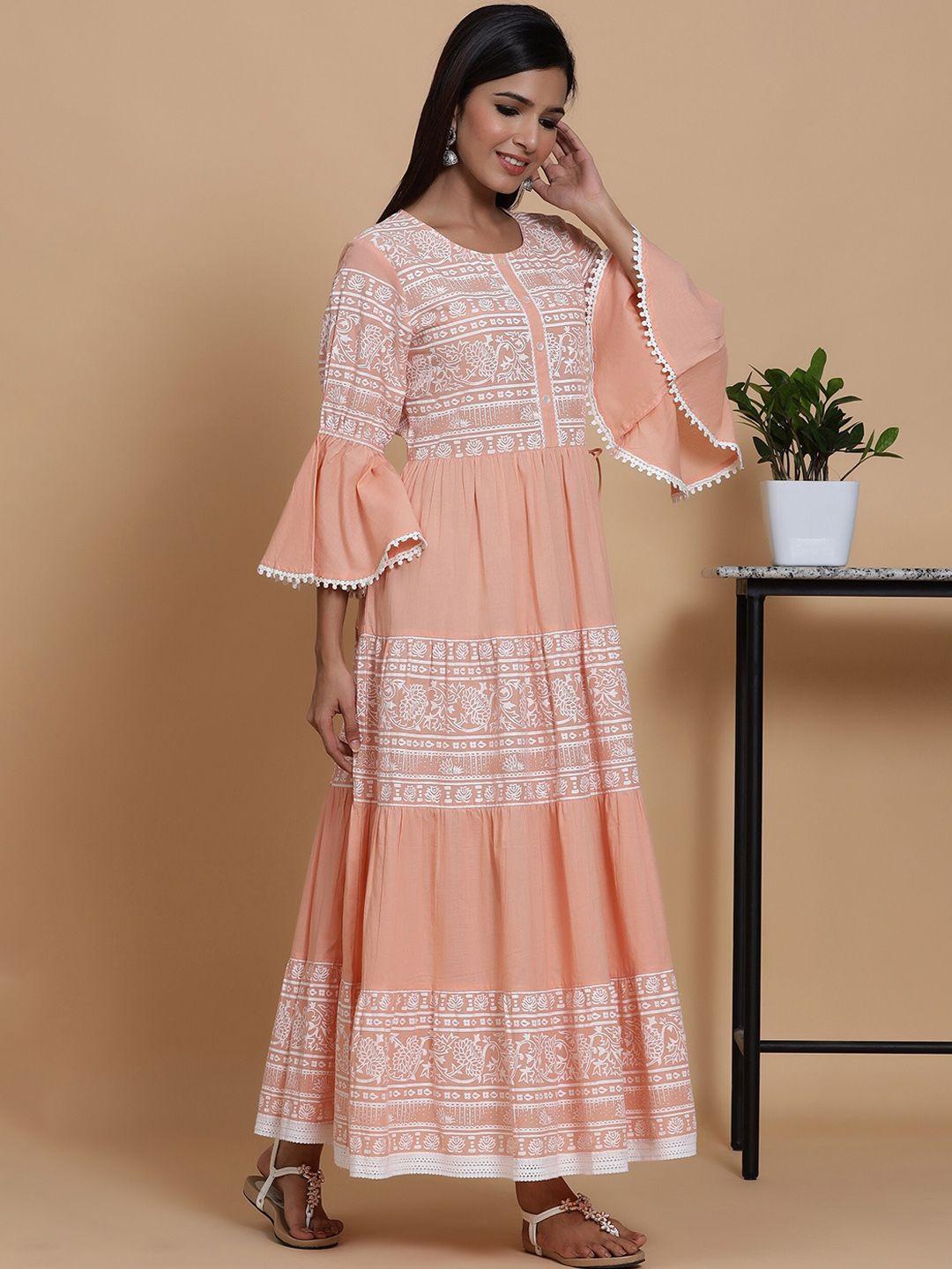 mirari women peach-coloured & white ethnic motifs printed bell sleeves floral anarkali kurta