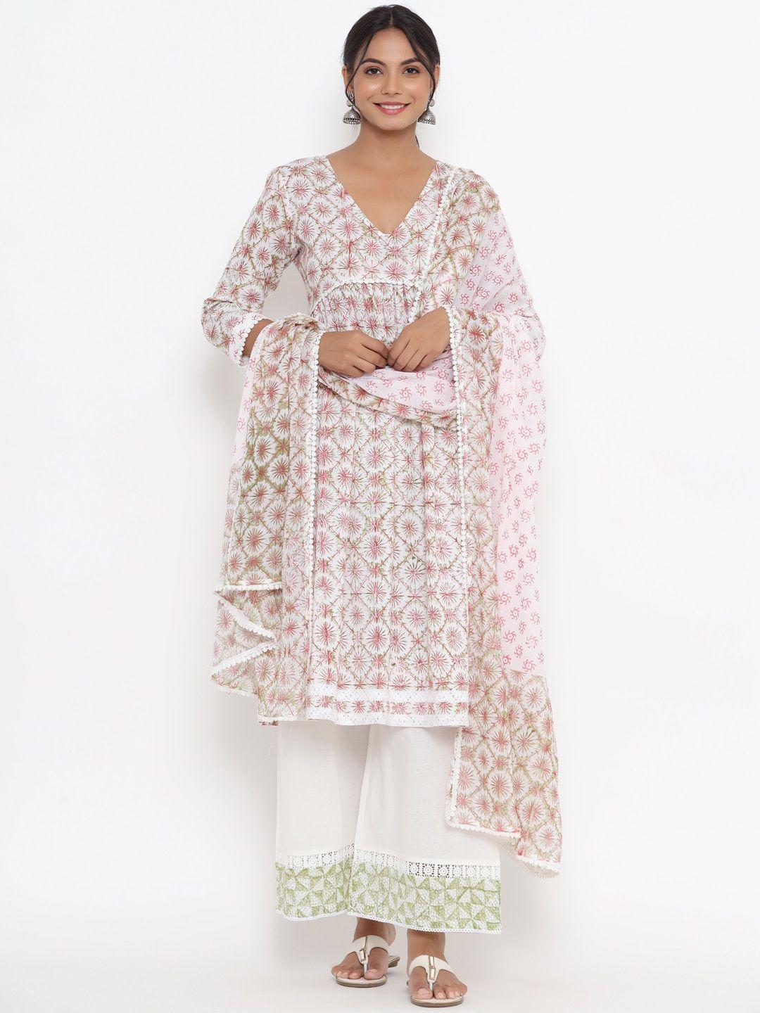 mirari women pink floral printed empire pure cotton kurta with palazzos & with dupatta