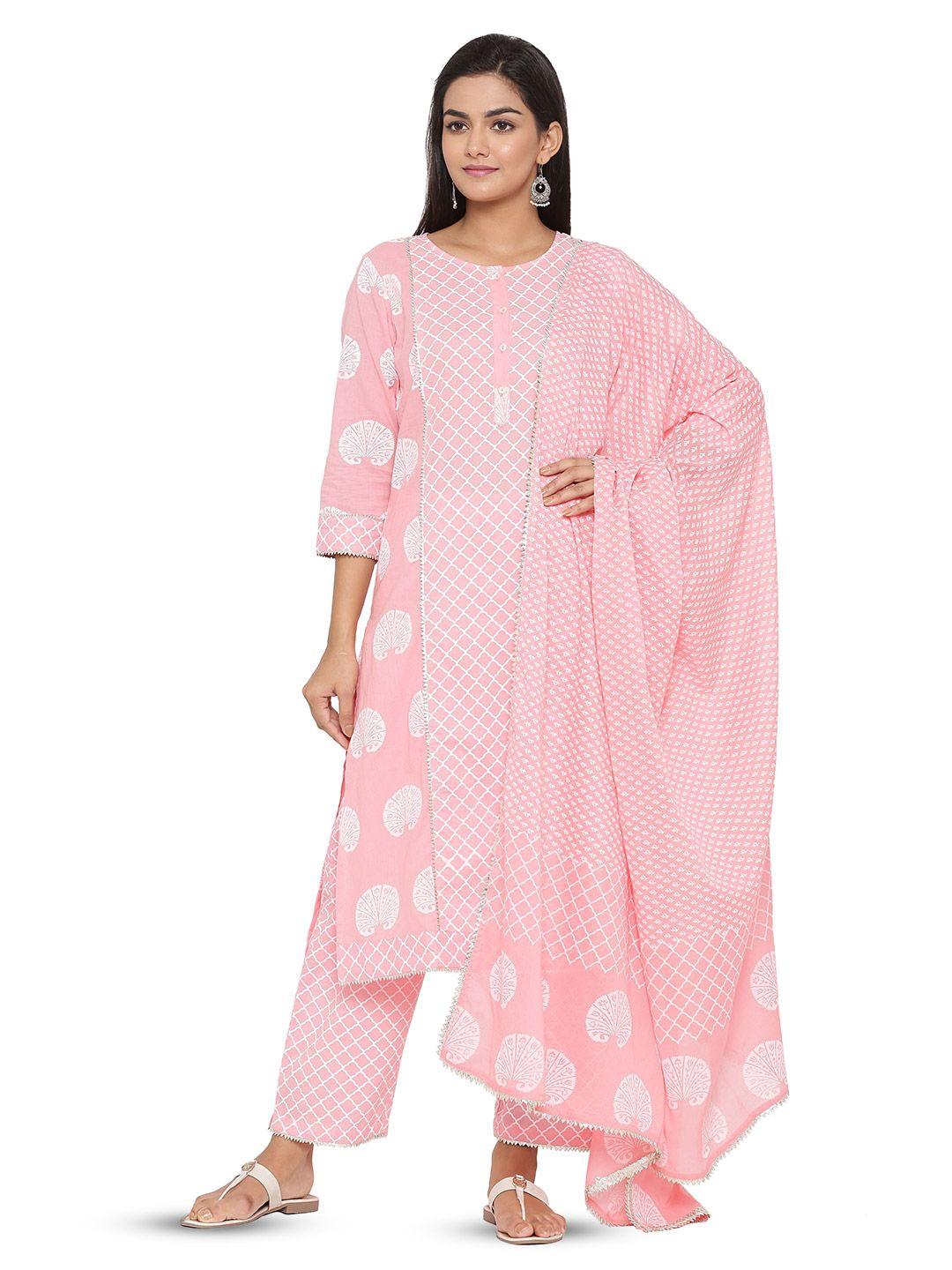 mirari women pink paisley printed regular pure cotton kurta with trousers & with dupatta