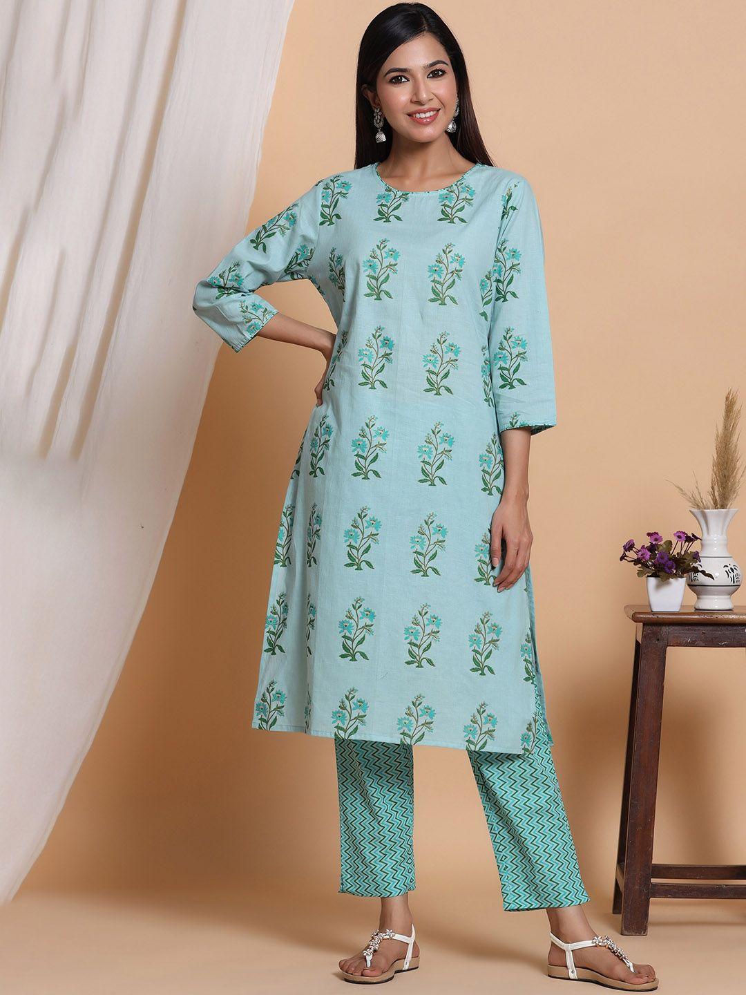 mirari women turquoise blue floral printed regular pure cotton kurta with pyjamas