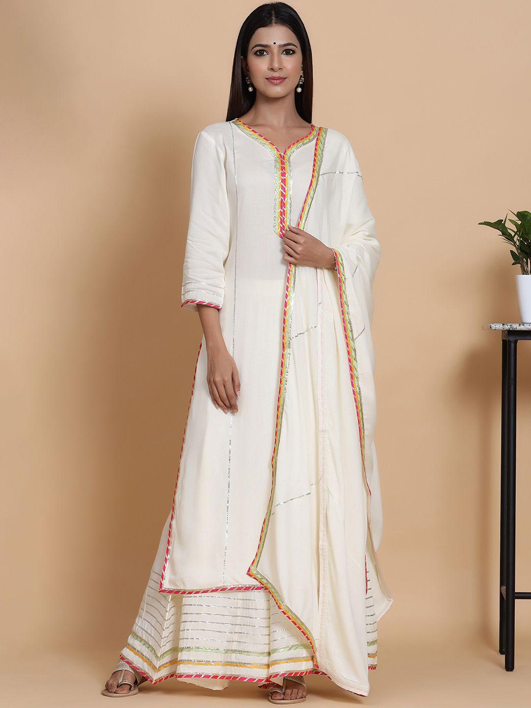 mirari women white embroidered gotta patti pure cotton kurta with sharara & with dupatta