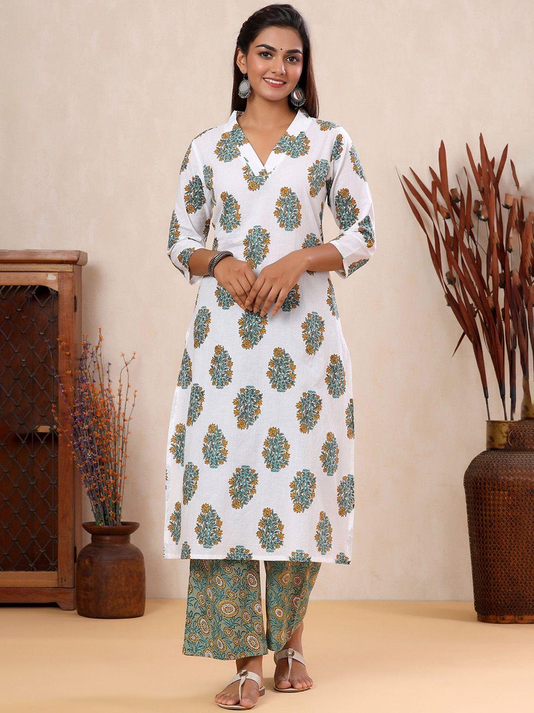 mirari women white ethnic motifs printed pure cotton kurta with palazzos