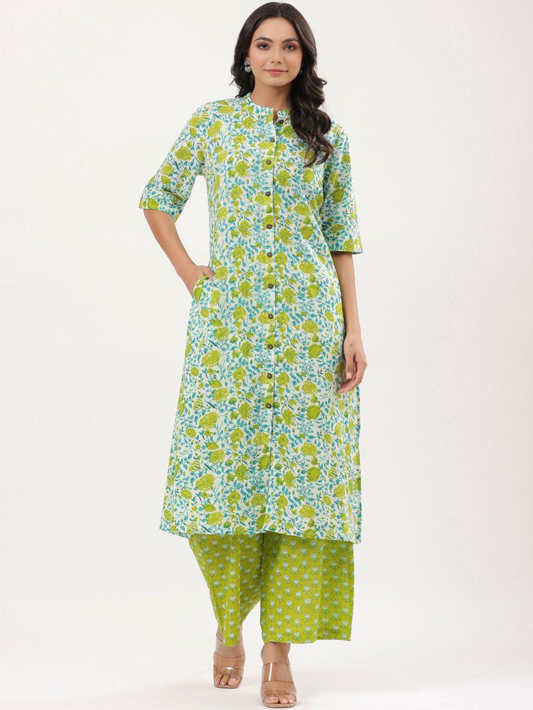 mirari women white floral printed pure cotton kurta with palazzos