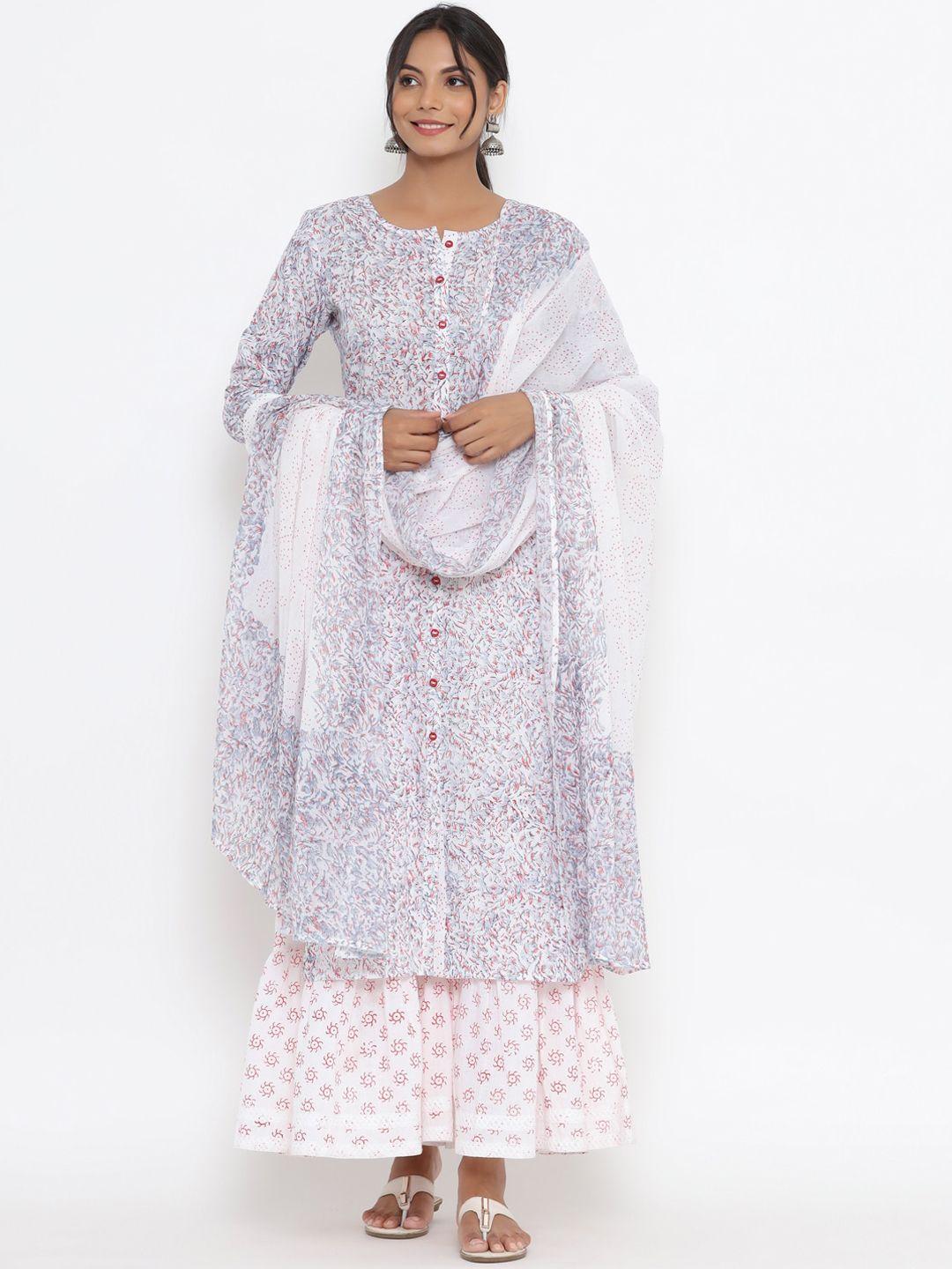 mirari women white floral printed pure cotton kurta with sharara & with dupatta