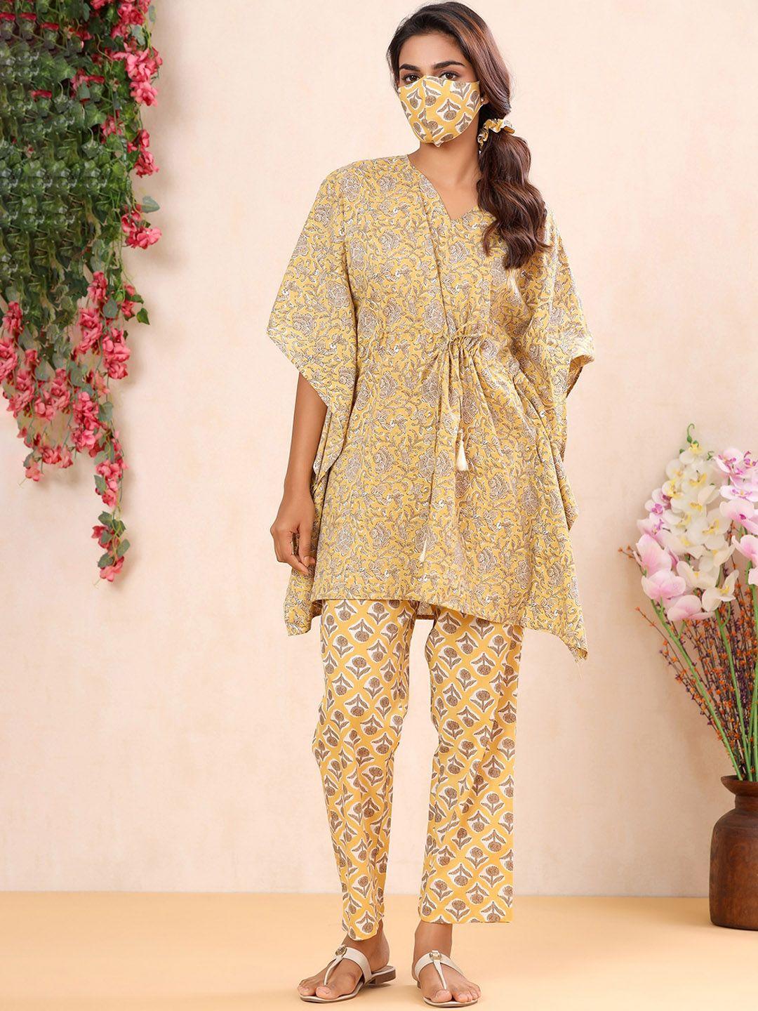 mirari women yellow & brown printed pure cotton night suit