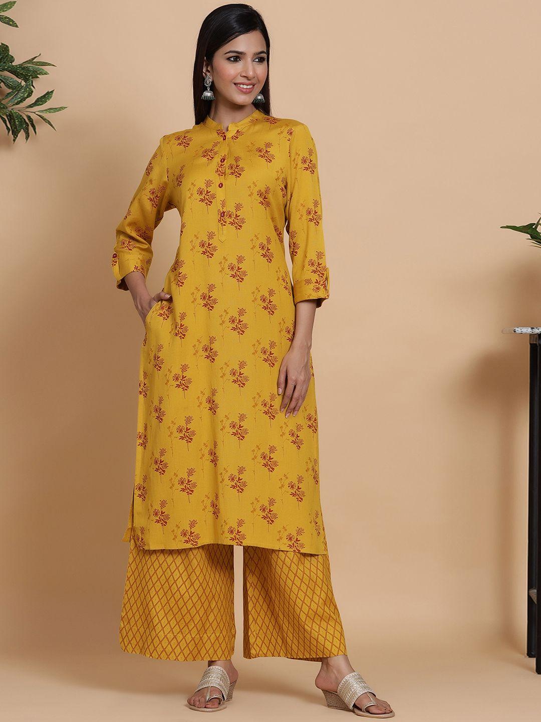 mirari women yellow & maroon ethnic motifs printed floral kurta