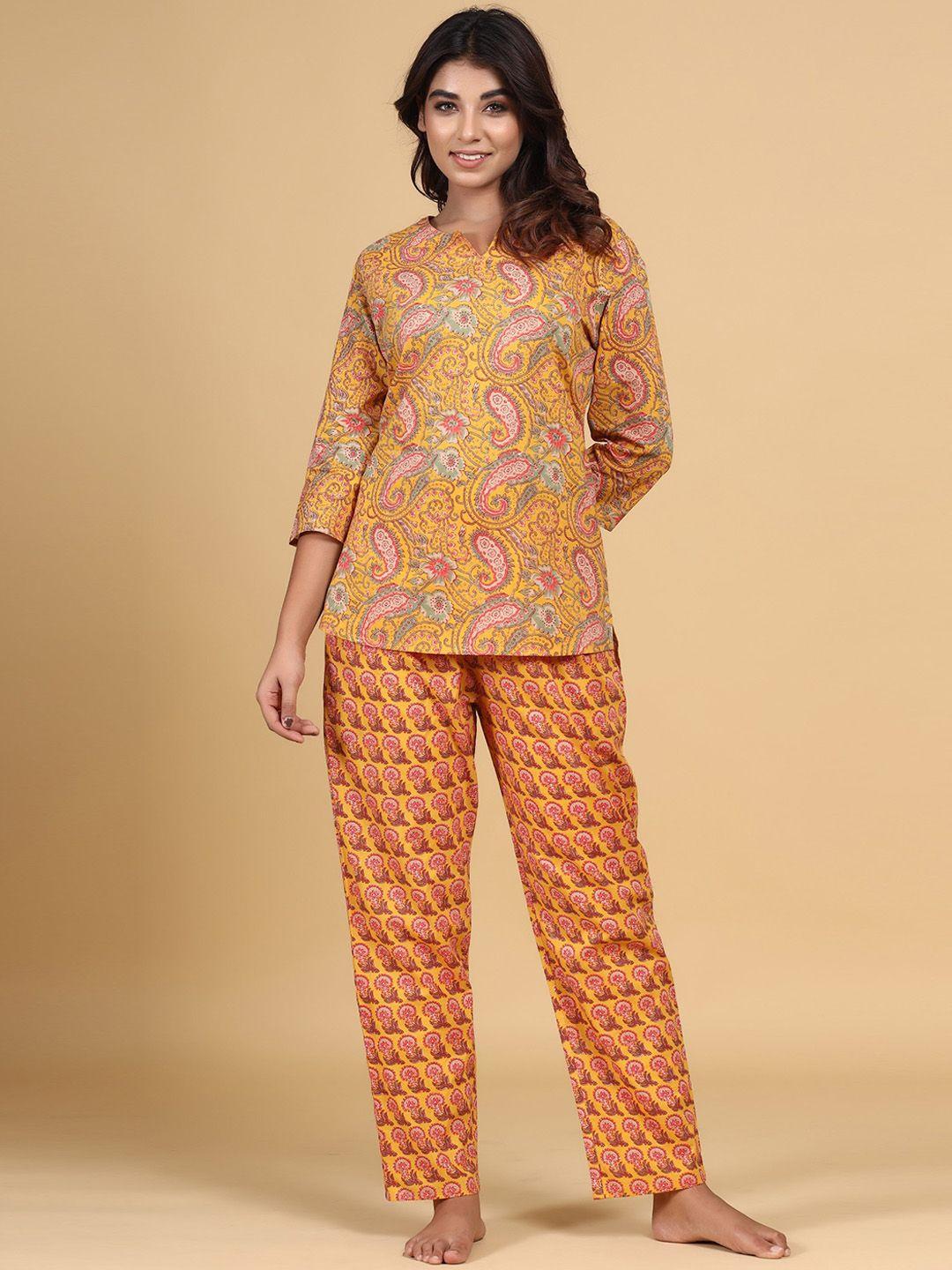 mirari women yellow & pink printed cotton night suit