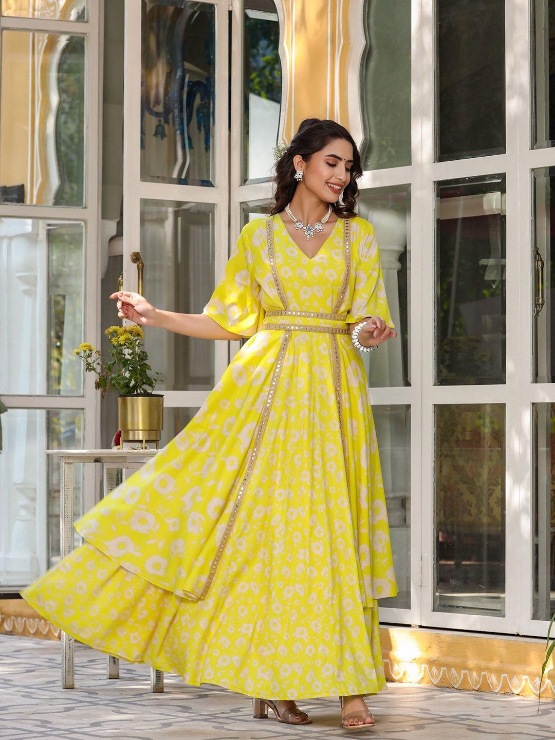 mirari women yellow bandhani printed flared sleeves gotta patti handloom anarkali kurta