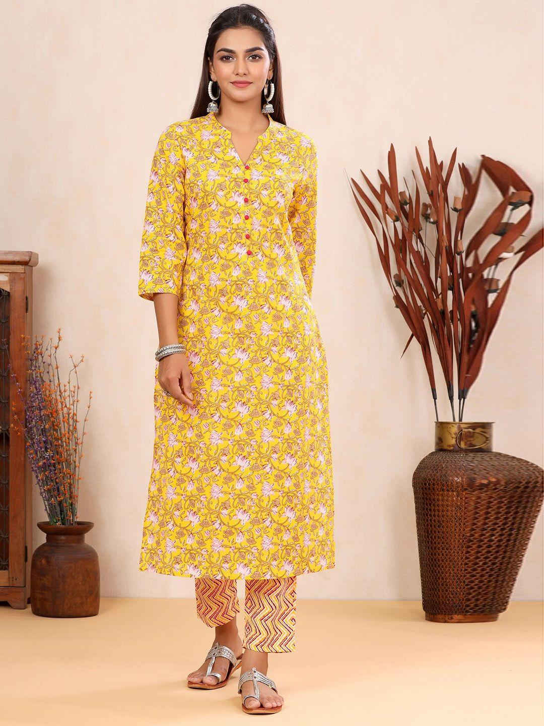 mirari women yellow floral printed regular pure cotton kurta with pyjamas