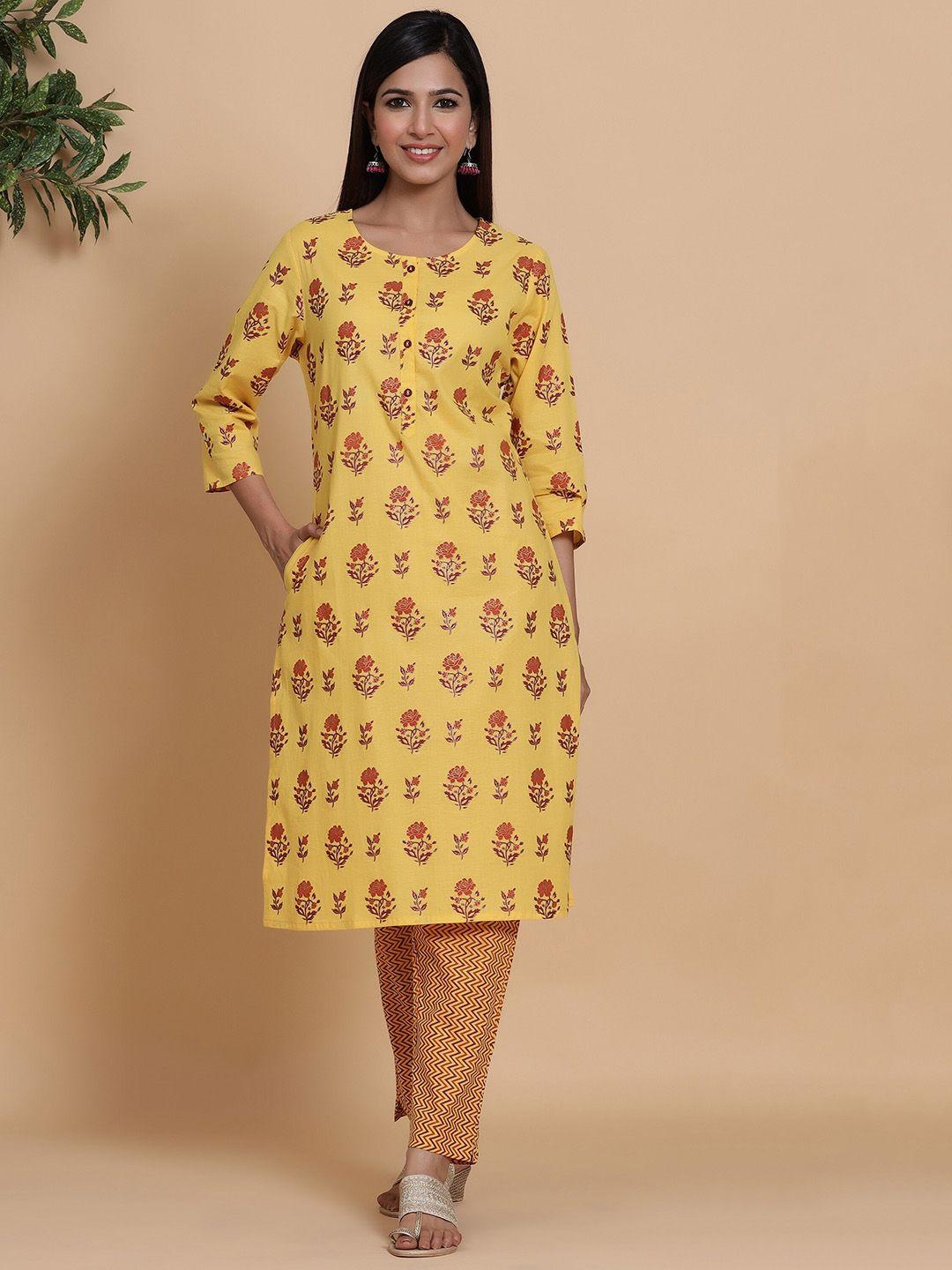mirari women yellow floral printed regular pure cotton kurta with pyjamas