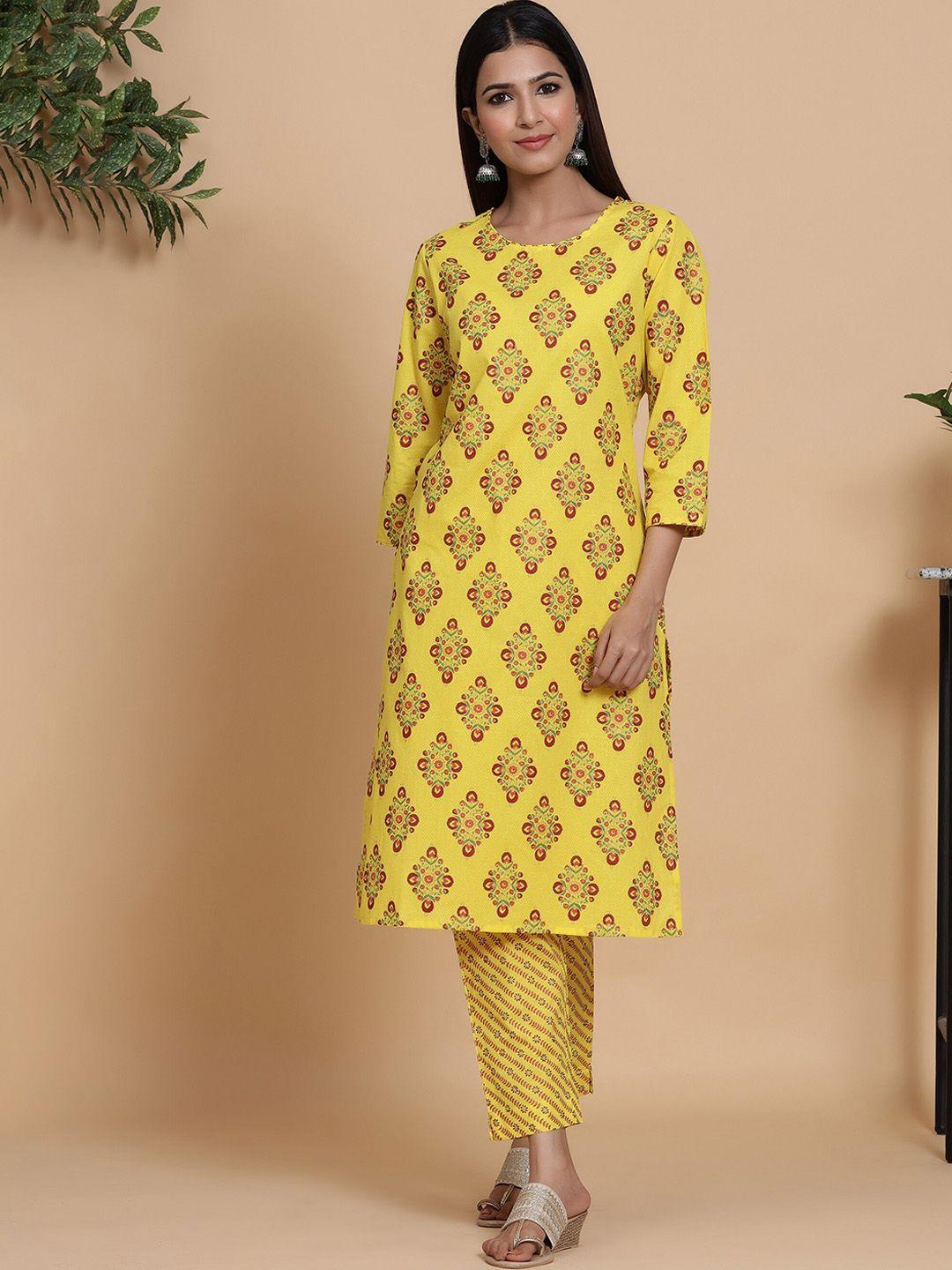 mirari women yellow floral printed regular pure cotton kurta with pyjamas