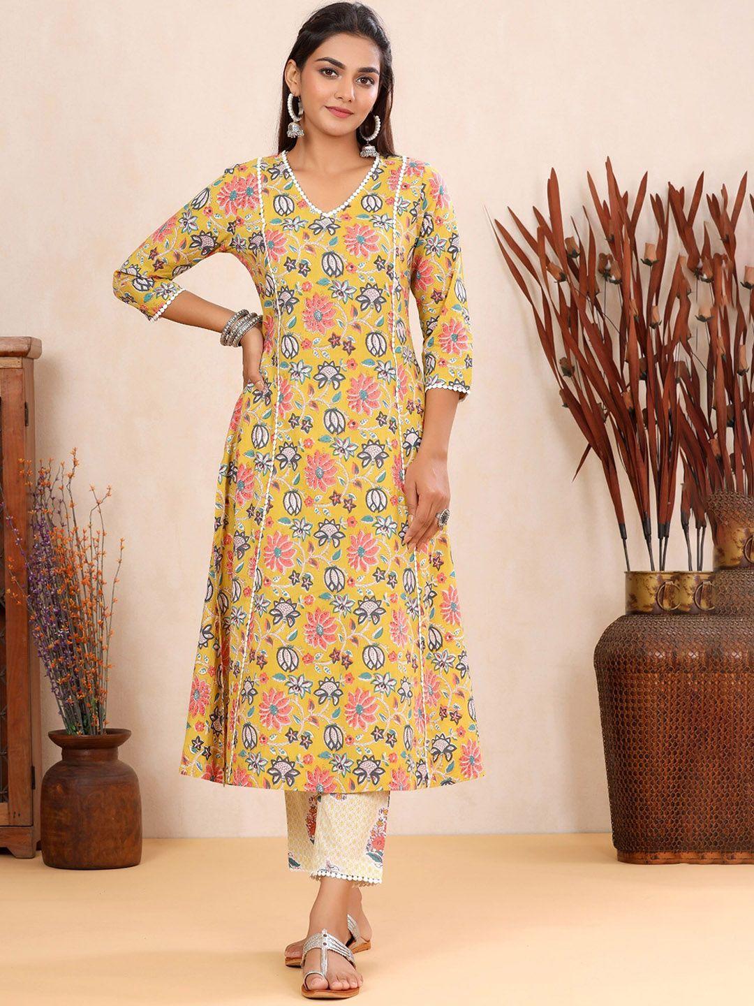 mirari women yellow printed pure cotton kurta with palazzos