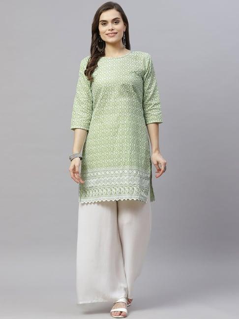 miravan green cotton embroidered straight kurti