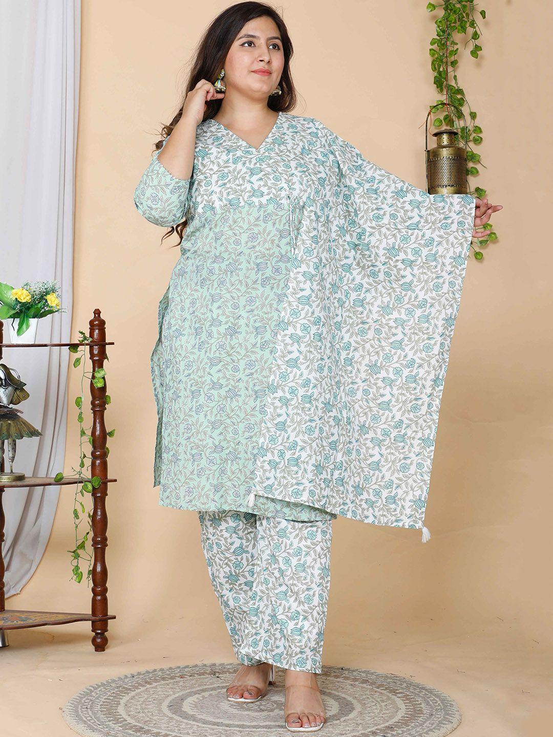 miravan women plus size green floral print pure cotton kurta with palazzos & with dupatta