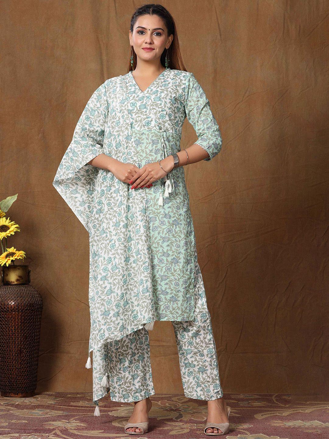 miravan women white floral printed pure cotton kurta with trousers & dupatta
