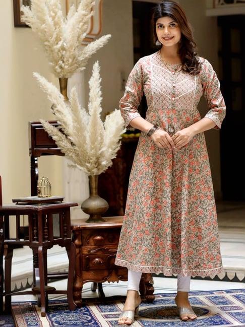 miravan beige cotton a line floral print kurta