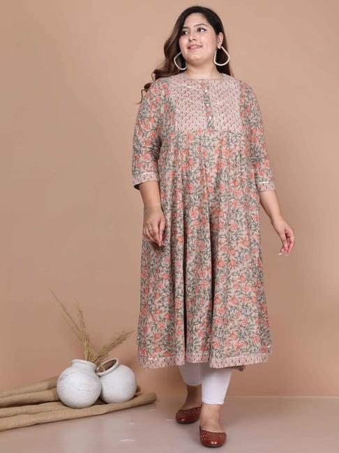 miravan beige cotton floral print anarkali kurta