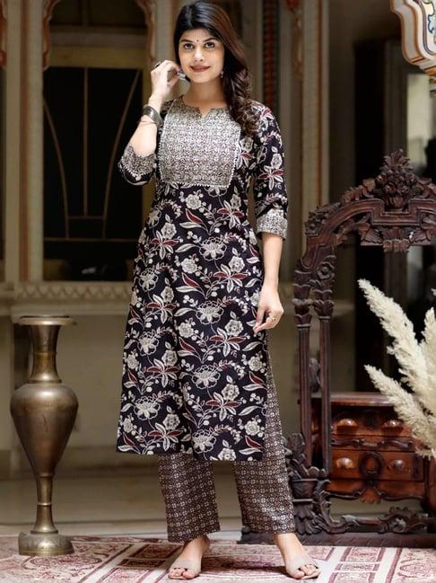 miravan black cotton embroidered kurta palazzo set