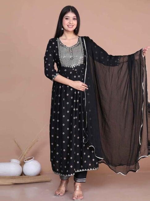 miravan black embroidered kurta pant set with dupatta