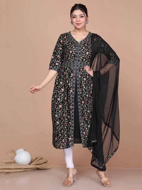 miravan black floral print anarkali kurta belt with dupatta