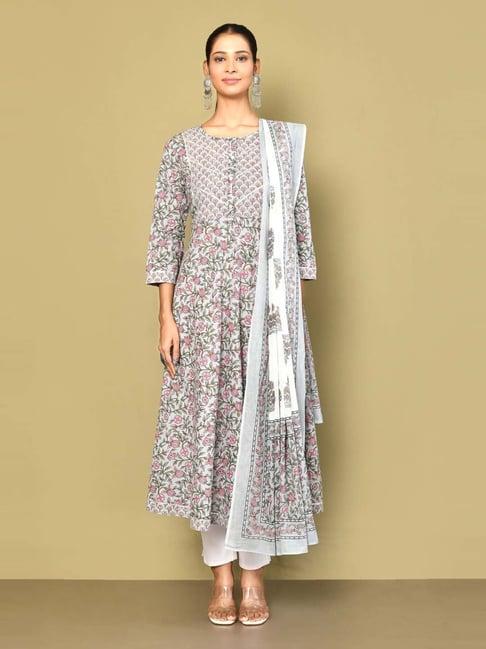 miravan blue cotton printed anarkali kurta with dupatta