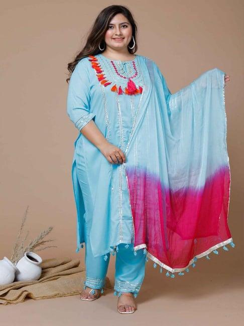 miravan blue embroidered kurta pant set with dupatta