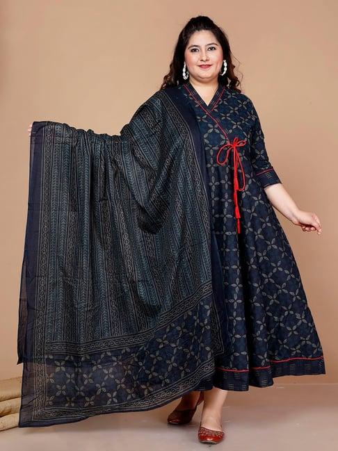 miravan blue printed fit & flare kurta with dupatta