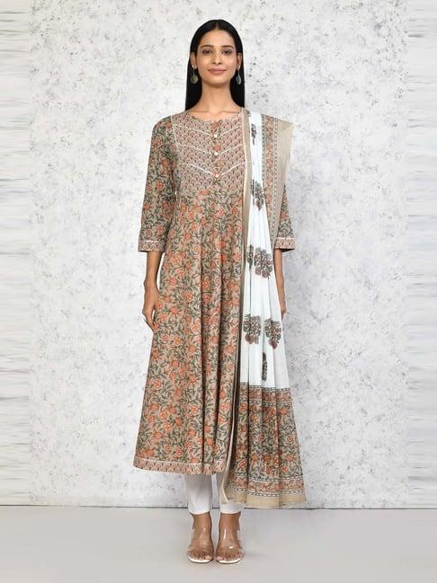 miravan brown cotton printed anarkali kurta with dupatta