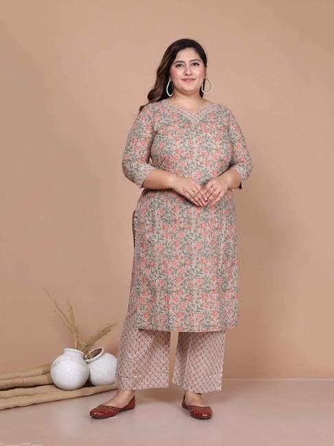 miravan brown floral print plus size kurta & palazzo set