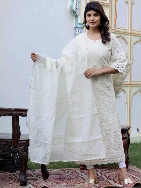 miravan cream cotton a line embroidered kurta with dupatta