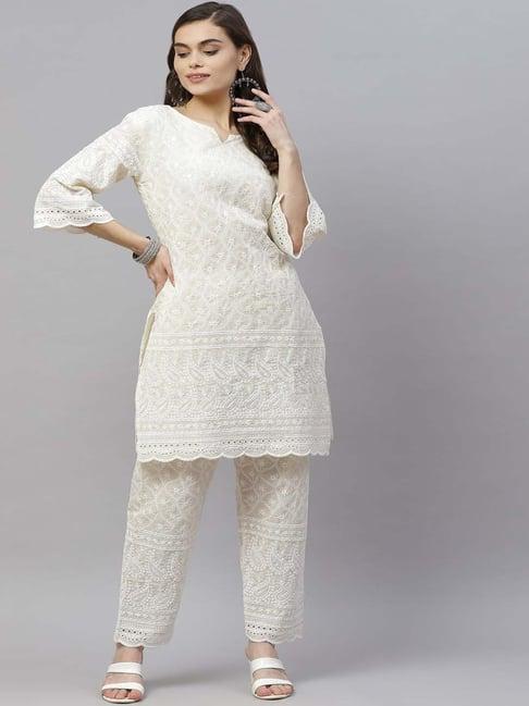 miravan cream cotton embroidered kurti pant set