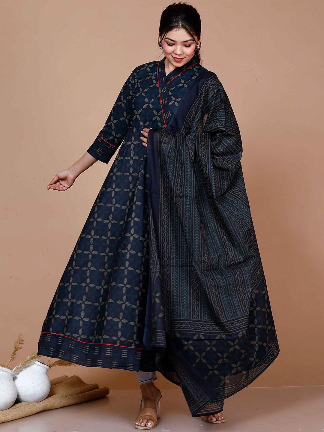 miravan ethnic motifs printed v-neck cotton angrakha anarkali kurta with dupatta