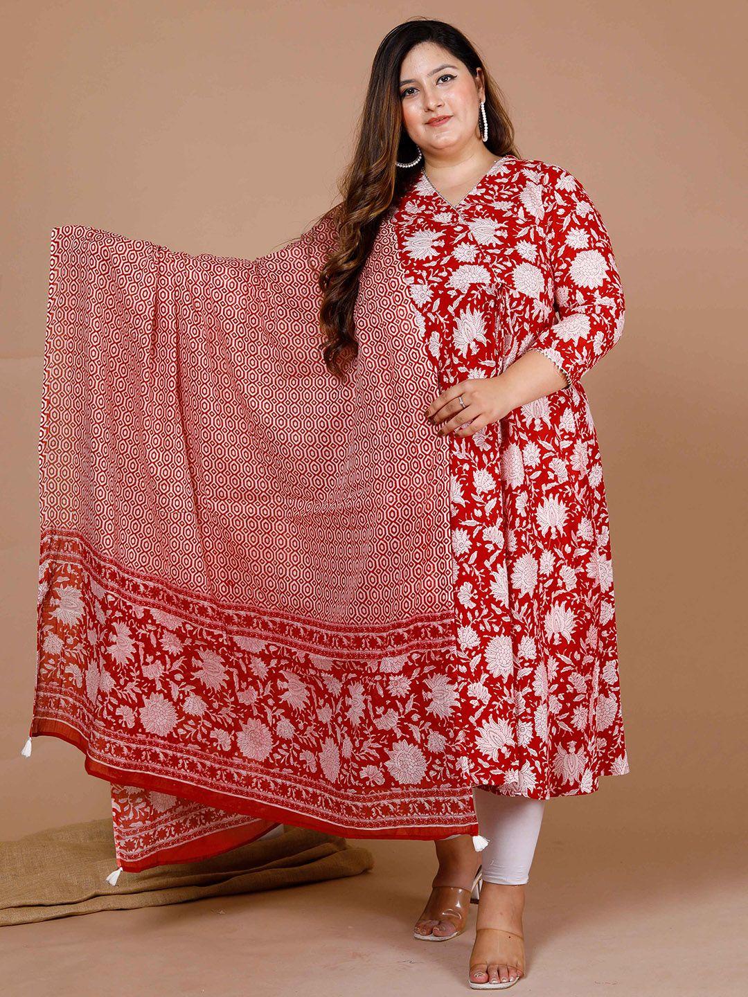 miravan floral printed v-neck angrakha style cotton anarkali kurta with dupatta