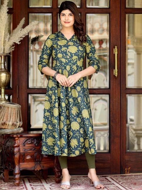 miravan green cotton a line floral print kurta