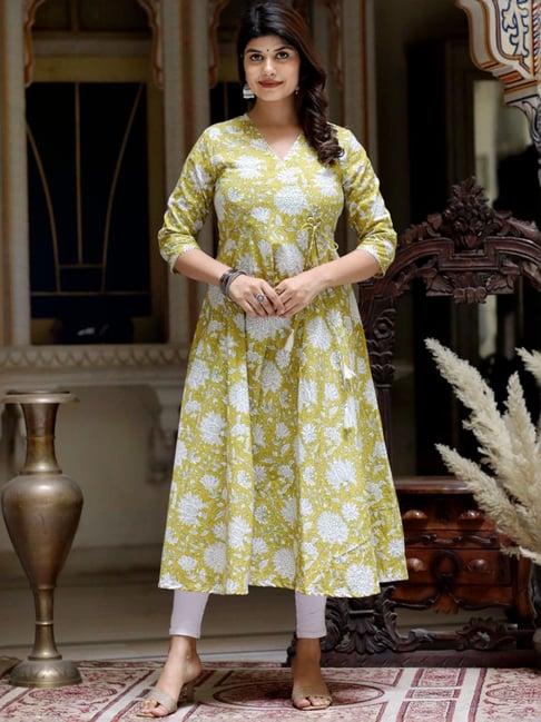 miravan green cotton angrakha floral print kurta