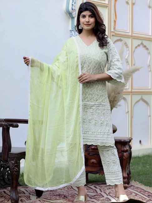 miravan green cotton embroidered kurta pant set with dupatta