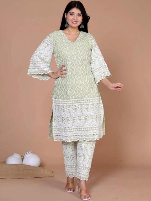 miravan green cotton embroidered kurta pant set