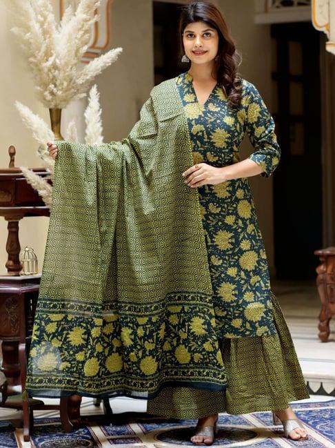 miravan green cotton floral print kurta sharara set with dupatta