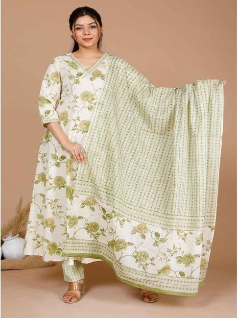 miravan green cotton printed kurta pant set with dupatta