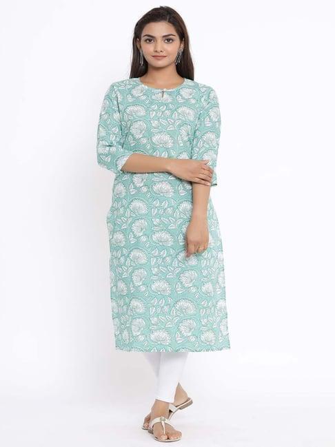 miravan green cotton printed straight kurta