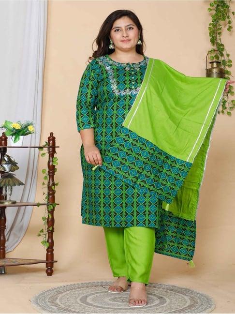 miravan green printed kurta pant set with dupatta