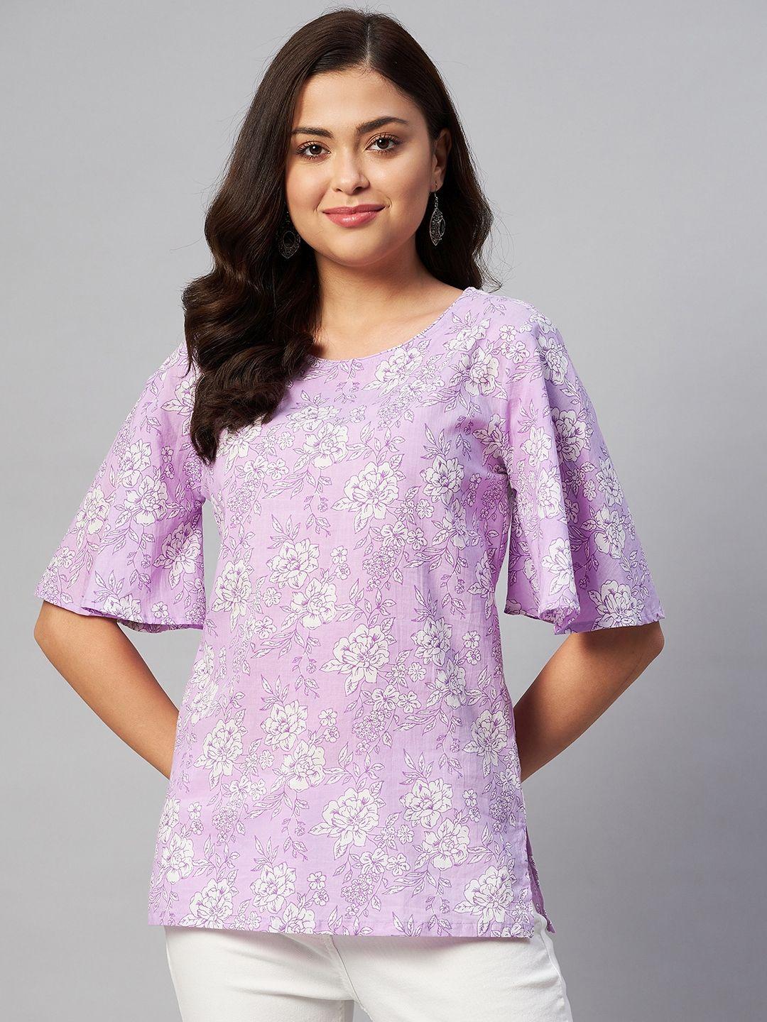 miravan lavender & white print flared sleeves longline top