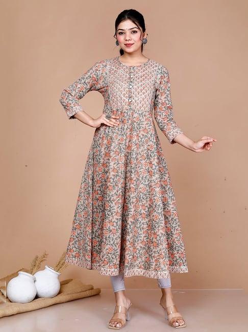 miravan light brown floral print fit & flare kurta