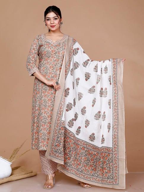 miravan light brown floral print kurta with palazzo & dupatta