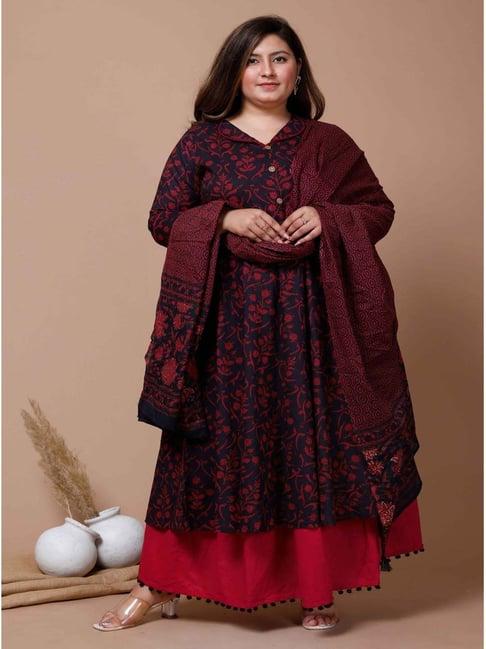 miravan maroon cotton printed anarkali kurta with dupatta