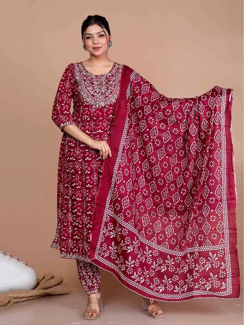 miravan maroon floral print kurta with palazzo & dupatta