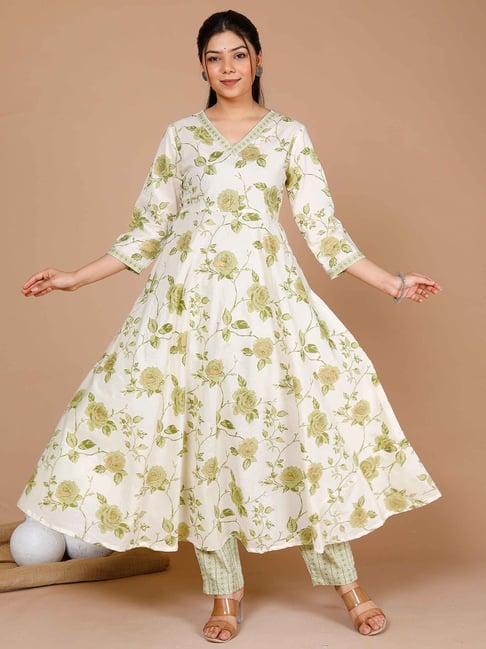 miravan off white & green floral print kurta pant set